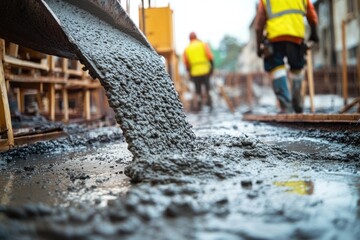 Naklejka premium close-up of wet concrete pouring from a chute onto a construction site floor with blurred workers in high-visibility vests and wooden formwork, industrious focused mood