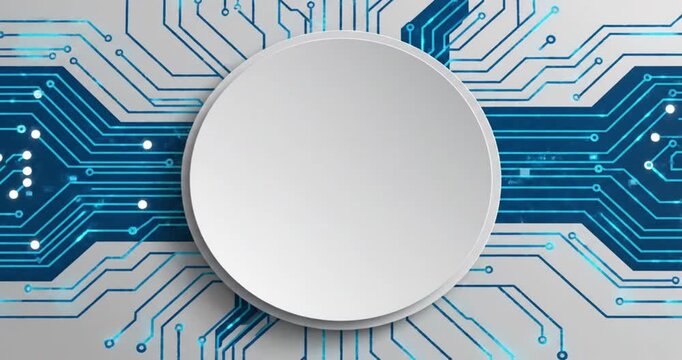 A captivating abstract background showcasing an intricate digital circuit board pattern with vibrant, glowing blue lines representing data flow and connectivity. At its center, a clean, blank white ci