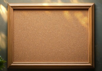 Fototapeta premium Empty cork bulletin board with wooden frame on green wall bathed in warm dappled sunlight and plant shadows, calm and inviting