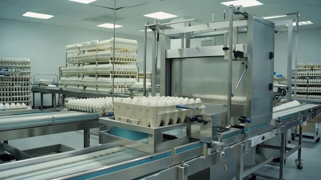 Egg packaging line in clean facility with cartons moving on conveyor toward sealing machine, showcasing the continuous flow of egg cartons ready for processing