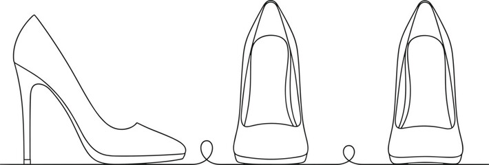 High-heeled shoes fashion line art flat vector illustration, footwear design, minimalist continuous drawing, elegant style, product artwork