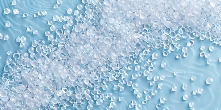 White plastic beads on light blue background, various size polymer particles texture top view