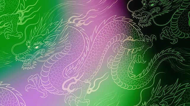 Vibrant Oriental Dragon Pattern Illustration with a Dynamic Gradient Background Aesthetic