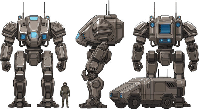 Military Mech Robot with Armored Vehicle and Pilot Character Futuristic Combat Walker for Sci Fi Game Concept Art and Defense Technology Design.