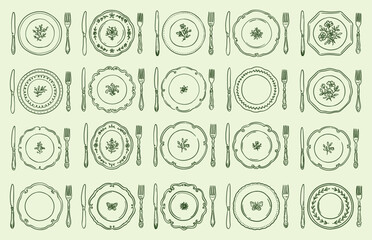 Large set of table setting vector illustrations. Various decorative plates with floral ornaments, forks, and knives. Hand drawn outline doodle for restaurant menus and culinary design. © Olena Hnatiuk