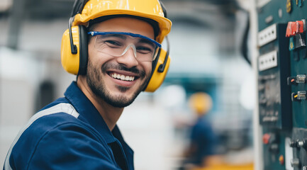 Smiling male technician wearing safety gear works confidently inside a modern industrial facility.