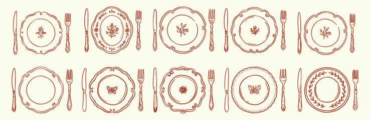 Horizontal set of table setting vector illustrations. Brown outline plates with botanical patterns, knives, and forks. Vintage doodle design for restaurant menus and kitchen decor. © Olena Hnatiuk