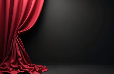 Fototapeta premium Red fabric drapes elegantly on black background. Velvet silk material forms soft folds. Luxurious rich texture creates dramatic contrast, ideal for theater or event reveal.
