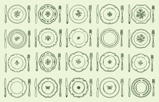 Large set of table setting vector illustrations. Various decorative plates with floral ornaments, forks, and knives. Hand drawn outline doodle for restaurant menus and culinary design.