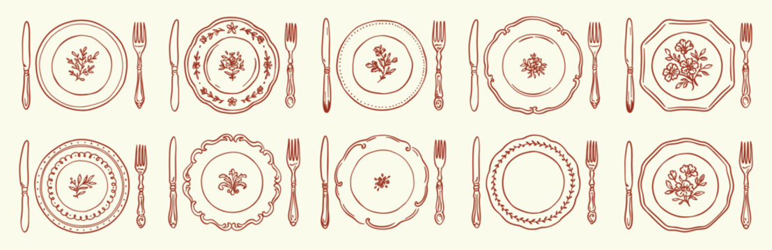 Horizontal set of table setting vector illustrations. Brown outline plates with botanical patterns, knives, and forks. Vintage doodle design for restaurant menus and kitchen decor.