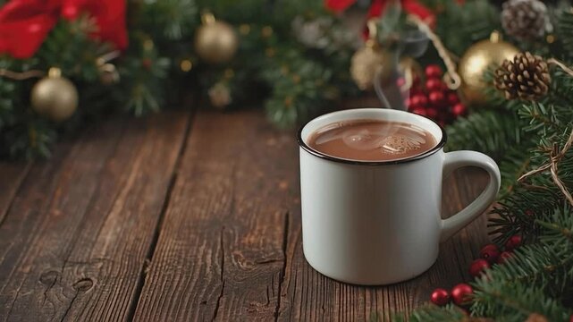 Cozy cocoa and festive adornment: A delightful mug of rich, steaming cocoa sits amidst the festive holiday setting. Capture the essence of warmth, comfort, and the joy of the season.