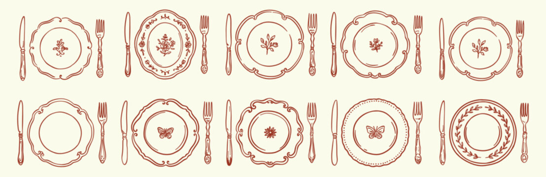 Horizontal set of table setting vector illustrations. Brown outline plates with botanical patterns, knives, and forks. Vintage doodle design for restaurant menus and kitchen decor.