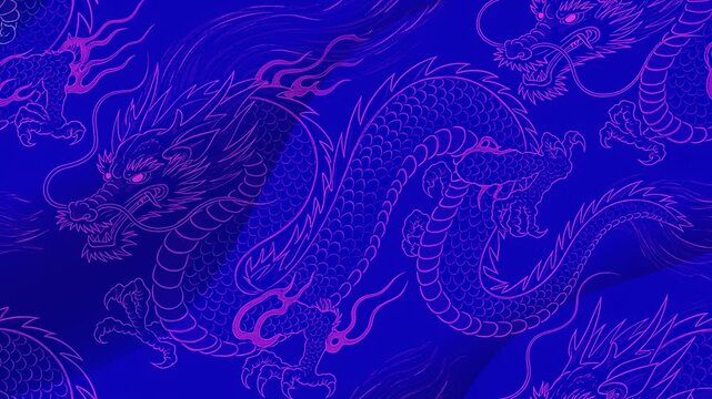 Vibrant Asian Mythical Dragon Pattern with Intricate Outlines and Dynamic Flow on a Deep Blue Background, Evoking Traditional Eastern Art