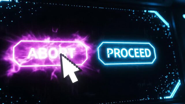 A computer cursor hovers over 'proceed' and 'abort' neon buttons on a dark digital interface with glowing blue accents.