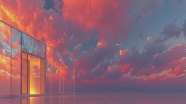 Skyline Reflections: Capturing the tranquil beauty of architecture mirroring the vibrant hues of the sunset sky, a serene scene.