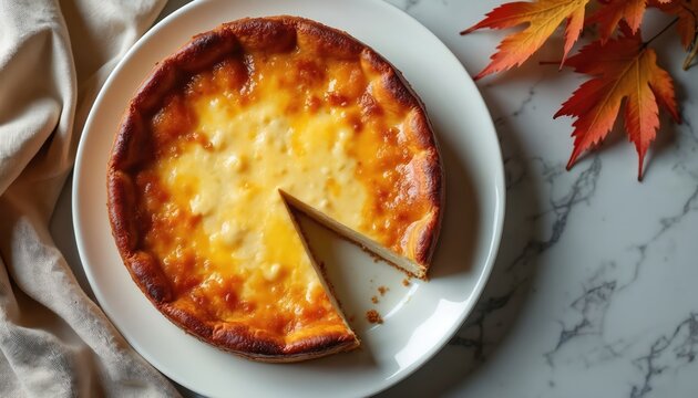Golden baked cheese pie on white plate. Slice removed shows creamy filling and crust. Autumn leaves and cloth arranged on marble surface. Warm cozy dessert.
