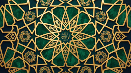 Intricate Islamic Geometric Pattern with Gold and Green Hues.
