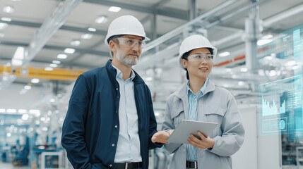 Two diverse engineers wearing hard hats collaborate in a modern factory, viewing a holographic data display.