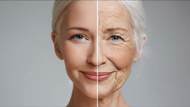 Young woman aging to senior in timelapse concept. Close up comparison of young and old woman face showing aging process and skin transformation