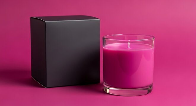 A pink scented candle in a glass next to a black box on a pink background.