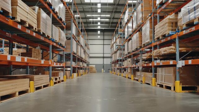 Large home improvement retail warehouse interior with organized building materials displayed on high racks, showcasing a spacious aisle for customer navigation and product selection