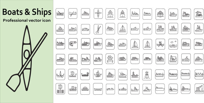 Boats and ships outline icons collection professional vector icon, showcasing various types of watercrafts and nautical vessels