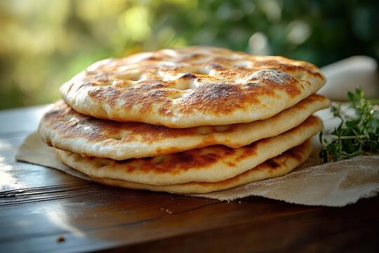 stack of three golden grilled flatbreads on a wooden table with fresh herbs and warm inviting sunlight, rustic appetizing scene