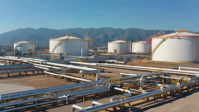 Large natural gas processing facility with storage tanks and extensive pipeline network under clear blue sky and mountains in the background, showcasing industrial infrastructure