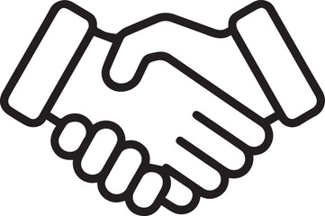 Two outlined hands firmly clasp together in a handshake gesture representing agreement, contract, or business partnership.