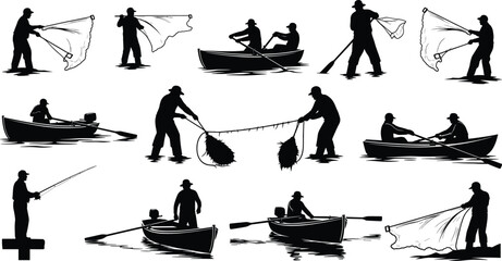 Fishermen silhouette vector set, casting fishing nets, rowing boats, traditional fish catching, outdoor water activity, black isolated illustrations. © DesignVectz