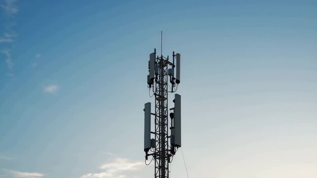 Telecommunications tower with multiple antenna arrays stands against a clear blue sky, showcasing its structure and design in a series of progressive frames