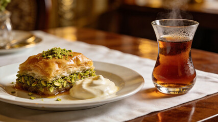 Traditional Turkish dessert served with tea in a cozy setting, highlighting rich flavors, pistachio layers, and authentic culinary heritage.