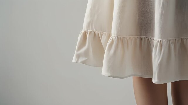Close-up of a flowing cream-colored dress with a ruffled hemline, showcasing delicate fabric texture and elegant design against a neutral background