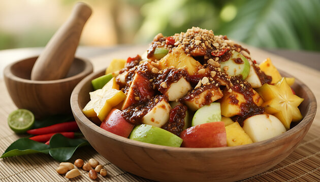Fresh Indonesian Fruit Salad Rujak with Spicy Peanut Sauce and Starfruit in Wooden Bowl