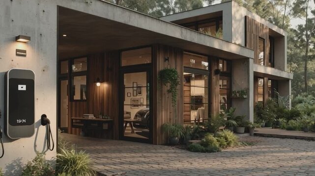 Modern Residence and Charging Station: Capturing the fusion of modern architecture with the convenience of technology in a residential setting. Features a charging station for electric vehicles.
