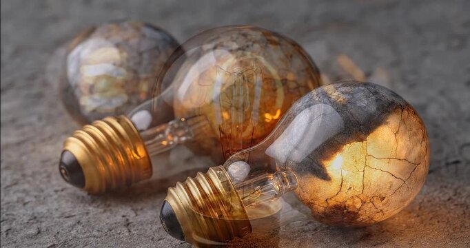 A captivating close-up features multiple decorative light bulbs, each with a unique cracked, earthy texture and emitting a warm, soft glow, resting on a rough, grey concrete surface. The artistic vint