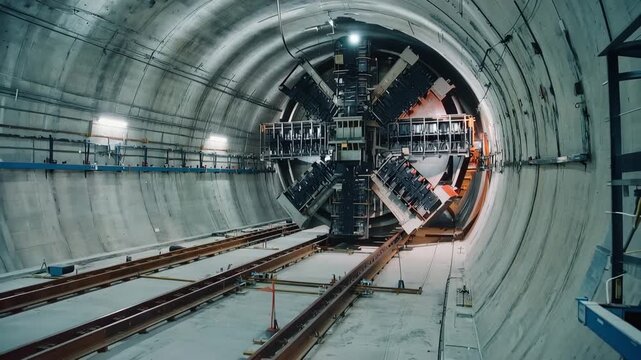 Large tunnel construction site featuring reinforced concrete walls and heavy boring machinery positioned along the tracks, showcasing the advanced tunneling process in progress