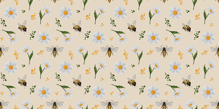 Seamless watercolor pattern with bees, honeycombs and flowers on a beige background for fabric and textiles