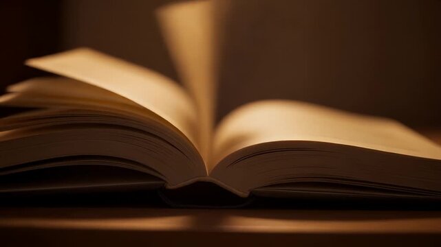 An open book with pages fluttering in a warm, inviting glow, suggesting knowledge, stories, and discovery in a cozy setting