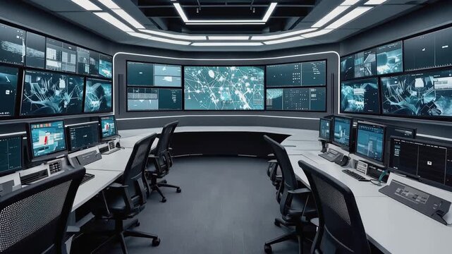 Modern security operations center featuring multiple surveillance monitors displaying abstract camera feeds, showcasing advanced technology in a high-tech environment