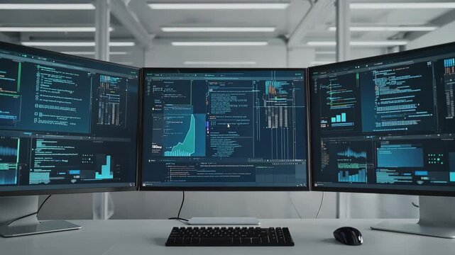 Modern software development office interior with three large monitors displaying abstract code and data visualizations, highlighting continuous programming tasks and analysis in a tech workspace