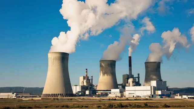 Nuclear power plant exterior with cooling towers releasing steam under bright blue sky, showcasing industrial structures and energy production in a clear environment