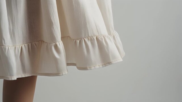 Elegant cream-colored dress hemline with ruffles, showcasing delicate fabric and flowing design, perfect for a feminine and chic aesthetic