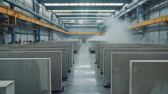Prefabricated concrete panel production facility with large molds and curing sections aligned in industrial space, showcasing steam and organized workflow throughout the area