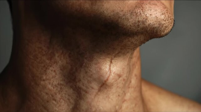 Young woman aging to senior in timelapse concept. Close-up of human neck with detailed skin texture and visible scars in natural light
