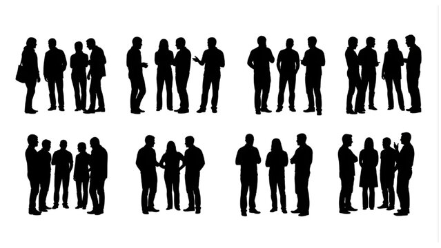 Groups of People Standing and Conversing Elevation Black Silhouettes Vector Set