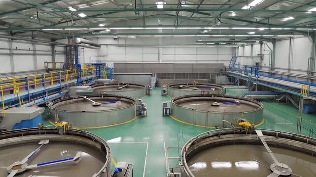 Rare earth mineral separation facility interior with multiple industrial tanks and magnetic separators arranged in a spacious, well-lit production area