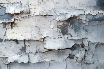 Obraz premium close-up of weathered wall with peeling white and gray paint, cracked layered flakes and exposed dark plaster, evoking decay and abandonment