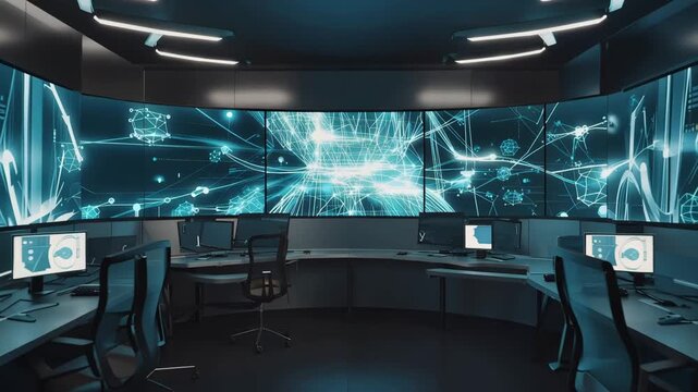 Smart grid control room interior with multiple large screens displaying abstract electricity distribution and data visualization in a modern technological environment