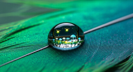 A miniature world reflected in a water droplet on a vibrant green feather